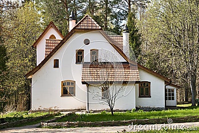 Facade of beautiful white house in Polenovo homestead. The artists studio in Polenovo estate. Polenovo, Tula Region Editorial Stock Photo