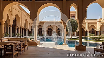 Facade of a building in Andalusian design, rectangular shape, long windows, ledge with columns, Cartoon Illustration