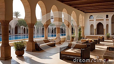 Facade of a building in Andalusian design, rectangular shape, long windows, ledge with columns, Cartoon Illustration