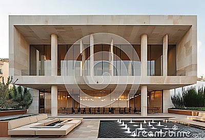 Facade of a building in Andalusian design, rectangular shape, long windows, ledge with columns, Cartoon Illustration