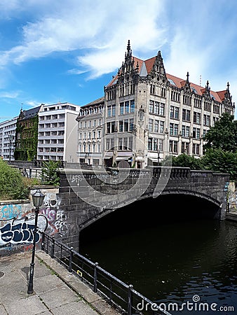 Facade of Building by bridge in the Alexanderplatz area of Berlin in Germany. Editorial Stock Photo