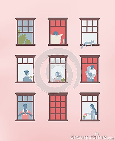 Facade of building with opened windows and people living inside. Men and women drinking tea, reading newspaper, watering Vector Illustration