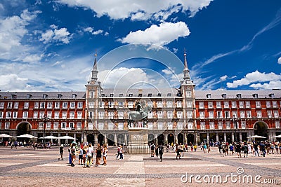 Facade of the buildings of the Major Square full of tourists, in the center of Madrid Editorial Stock Photo