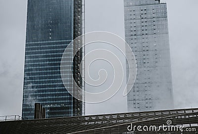 Facade buildings in a misty city Stock Photo