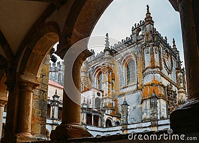 Facade of the Convent of Christ with its famous intricate Manueline window in medieval Templar castle in Tomar, Portugal Editorial Stock Photo