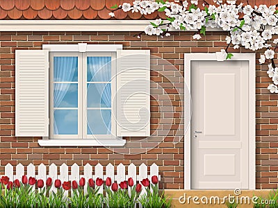 Brick facade with window fence tulips Vector Illustration