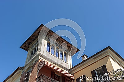 Facade detail of a historic villa on the shore of Lake Maggiore in Cannero Riviera in Northern Italy Editorial Stock Photo