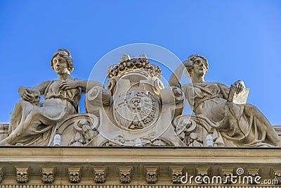 Facade detail of Real Academia Nacional de Medicina building. Located in Arrieta Street, Madrid, Spain. Editorial Stock Photo