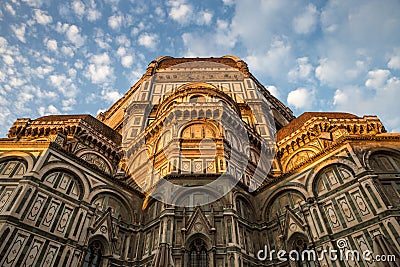 Facade and Dome of Cathedral of Saint Mary of Flower in Florence in Sunrise, Italy Stock Photo