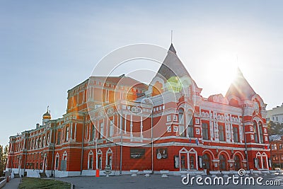 Facade of the drama theater in Samara in Russia. Town landscape with historic theater and blue sky Editorial Stock Photo