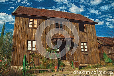 Facade with entrance of charming wooden old house Stock Photo