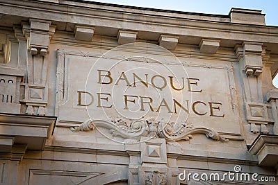 Facade of an establishment of the bank of France where it is written on it in French `bank of France` Editorial Stock Photo