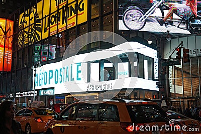 Facade of the famous Aeropostale shopping mall at Times Square in New York at night Editorial Stock Photo