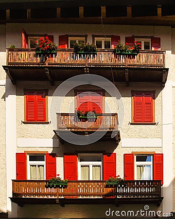 Facade with flowers, Cortina dAmpezzo, Italy Stock Photo