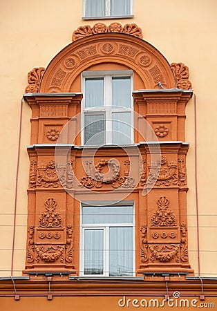 Facade framing window of brick house, Smolensk, Russia Editorial Stock Photo