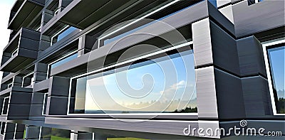 Facade of a futuristic apartment building. Metalized composite finishing material. Multi-chamber mirror panoramic double-glazed Cartoon Illustration