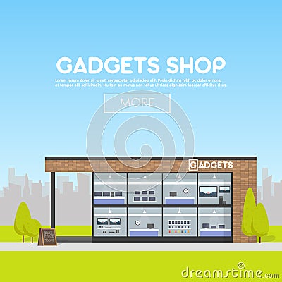 Facade gadgets shop in the urban space, the sale of computers, laptops, phones, tablets. Billboard advertising from Vector Illustration