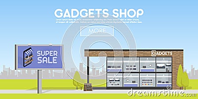 Facade gadgets shop in the urban space, the sale of computers, laptops, phones, tablets. Billboard advertising from Vector Illustration