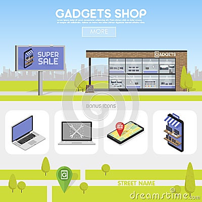 Facade gadgets shop in the urban space, the sale of computers, laptops, phones, tablets. Billboard advertising from Vector Illustration