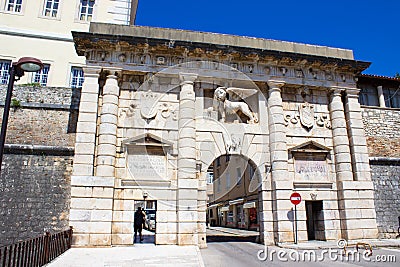 Facade of Gate of Terraferma or Gate of Zara, the most famous venetian fortification in Zadar Stock Photo