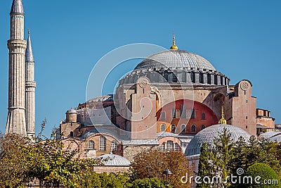 Facade of Hagia Sofia and its refulgent. cupola against the blue sky Stock Photo