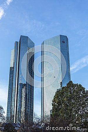 Facade of headquarter of German Bank with mirroring skyscraper in Frankfurt Editorial Stock Photo
