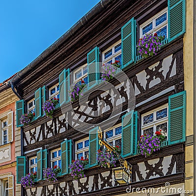 Facade of the historic Schlenkerla brewery in Bamberg, Germany. It is famous for its smoked beer Aecht Schlenkerla Rauchbier Editorial Stock Photo