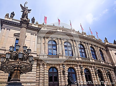 Facade of historical building in Prague Praha, Czech Republic, 2020 Editorial Stock Photo