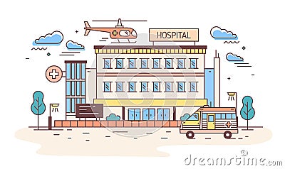 Facade of hospital, clinic, infirmary or medical center building with helicopter landing on top of it and ambulance Vector Illustration