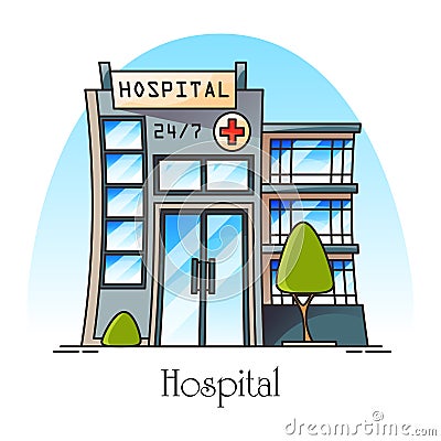 Facade of hospital in thin line or clinic, hospice Vector Illustration