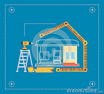 facade house under construction with rules and tools Cartoon Illustration