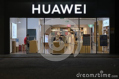 Facade of HUAWEI electronic retail store Editorial Stock Photo