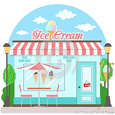 Facade ice cream shop with a signboard, awning and symbol in shopwindow Vector Illustration