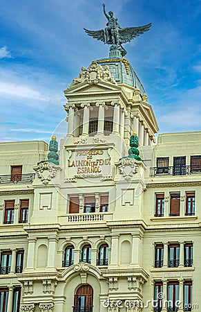 Facade of the interbelic building La Unión y el Fénix Español, Valencia, Spain Editorial Stock Photo