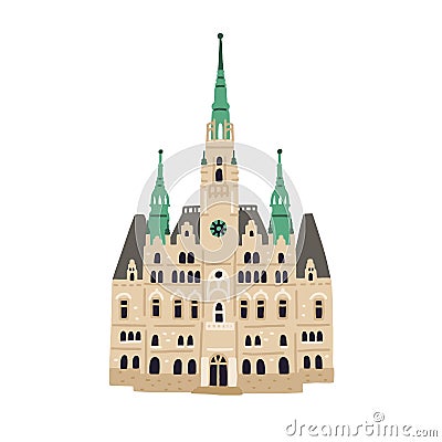 Facade of Liberec Town Hall. Old Czech building with towers and spire. Colored flat vector illustration of ancient Vector Illustration