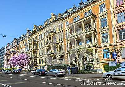 Facade of loft apartments in old classicistic houses in Wiesbaden Editorial Stock Photo