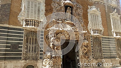 Valencia Palacio Marques de Dos Aguas palace facade in alabaster at Spain. Design, sculptures. Editorial Stock Photo