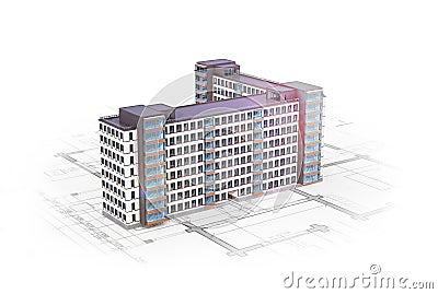 Facade of new high-rise buildings located on the architectural plan. Cartoon Illustration