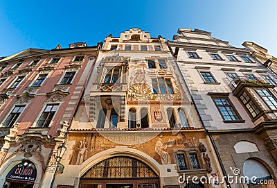 Facade of old buidlings at Town Square (Staromestske Namesti). P Editorial Stock Photo