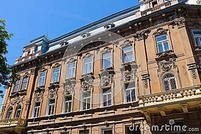 Facade of old building in the historical city centre. Lviv Stock Photo