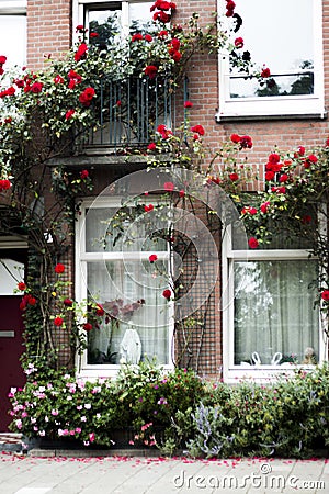 Facade of an old Dutch house in Amsterdam with a little balcony and a lot of flowers Editorial Stock Photo