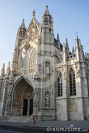 Facade of Our Blessed Lady of the Sablon Church, Brussels, Belgium Stock Photo