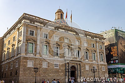 Facade of the palace of the Government of Catalonia against a blue sky Editorial Stock Photo