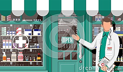 Facade pharmacy or drugstore with door Vector Illustration