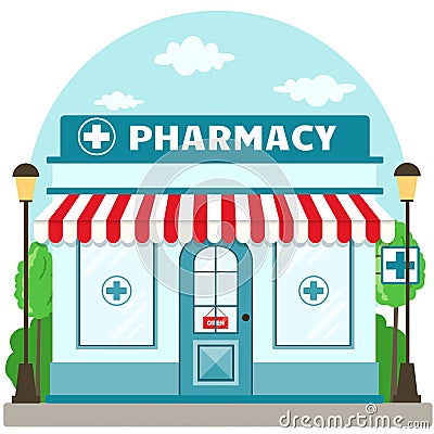 Facade pharmacy store with a signboard, awning and symbol in shopwindow. Vector Illustration