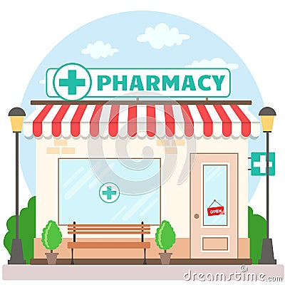 Facade pharmacy store with a signboard, awning and symbol in shopwindow. Vector Illustration