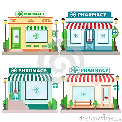 Facade pharmacy store with a signboard, awning and symbol in shopwindow. Vector Illustration