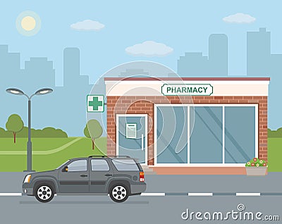 Facade pharmacy store and SUV car on city background. Vector Illustration