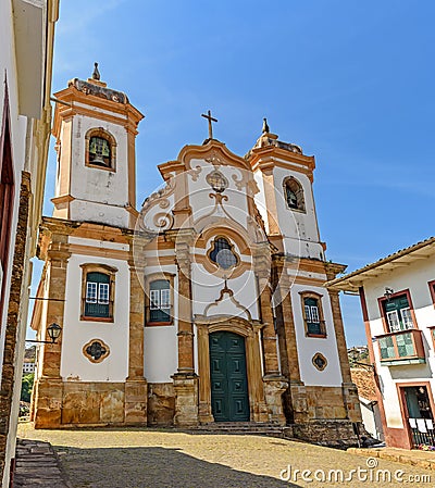 Facade of preserved historic 18th century church in colonial architecture Stock Photo