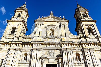 Facade of the Primatial Cathedral of BogotÃ¡, Colombia Stock Photo